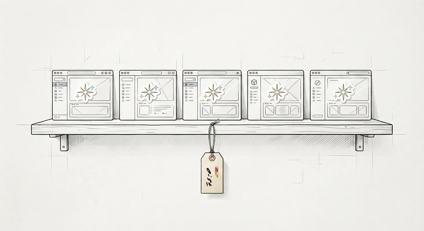 A shelf of software products each covered with a new AI sticker over the original label