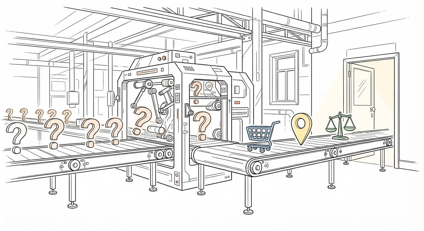 A conveyor belt where question-shaped queries are absorbed by a machine while shopping, local and comparison queries roll through to a shop door