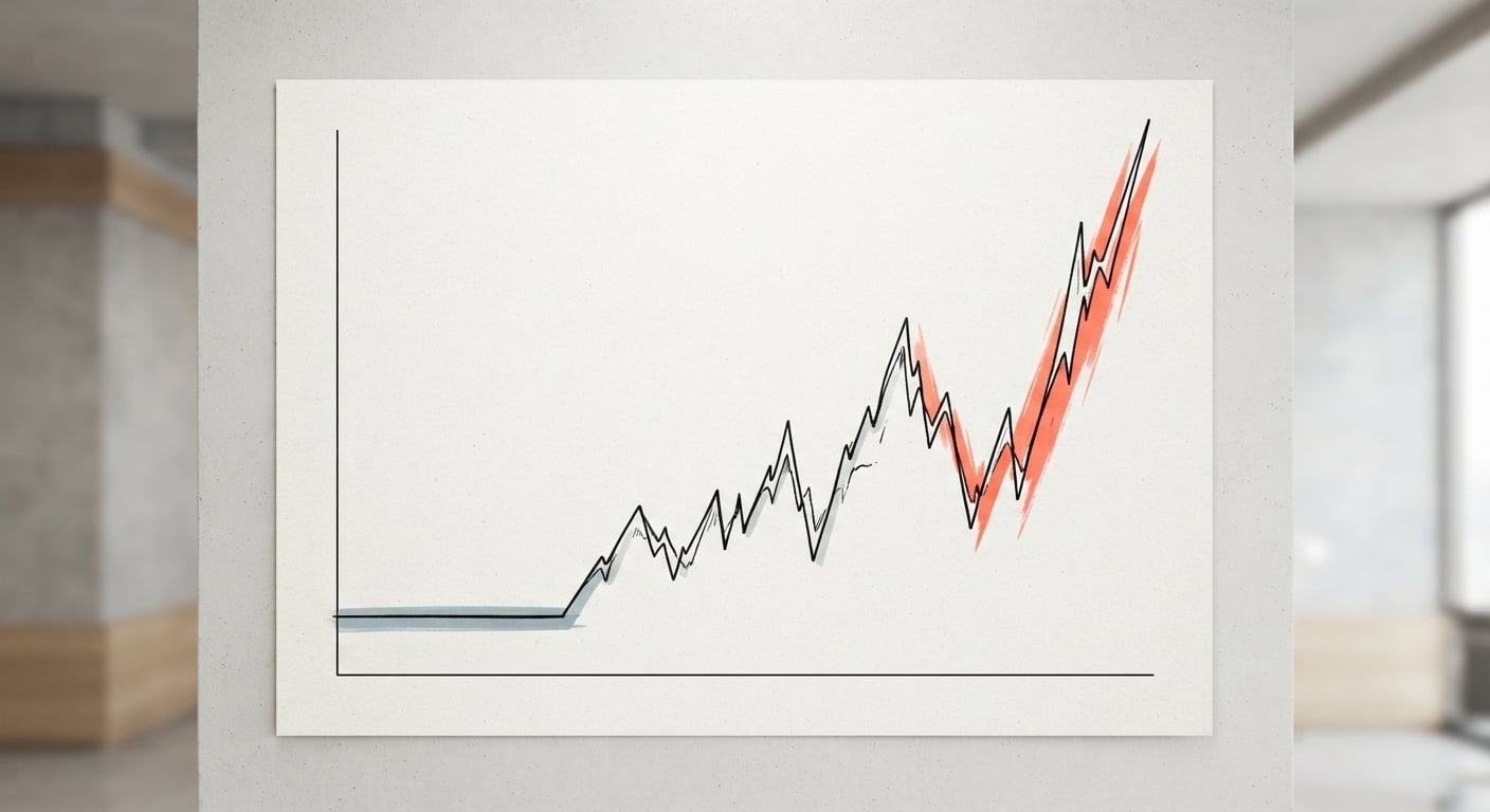 A line graph that stays flat for years then spikes almost vertically