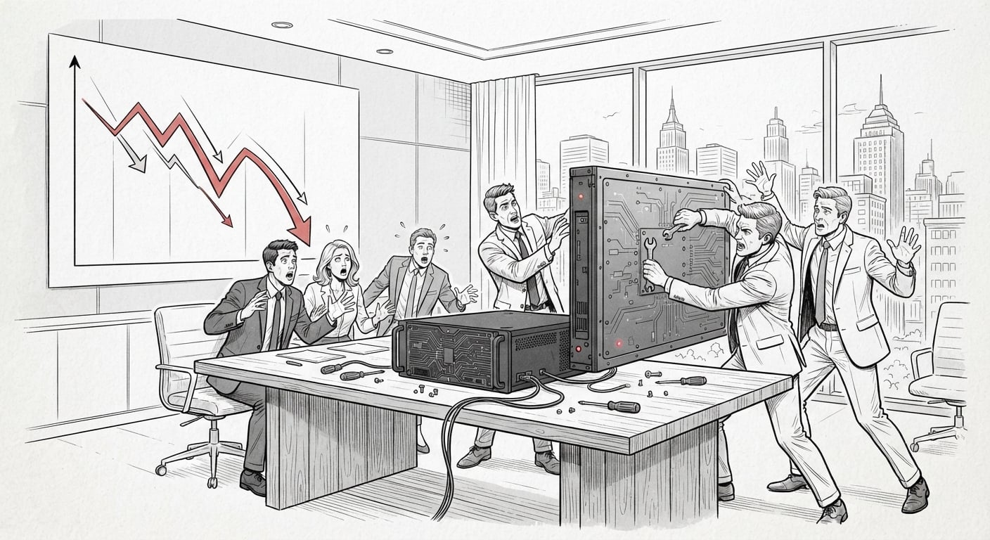Executives bolting an AI panel onto their product while the stock chart behind them crashes
