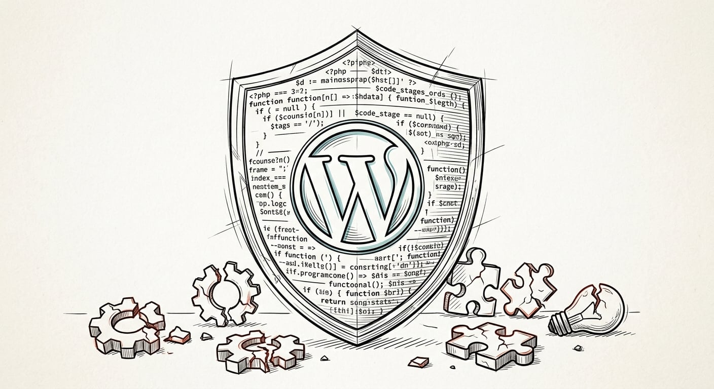 PHP code snippets protecting WordPress like a shield while unnecessary plugin icons are discarded