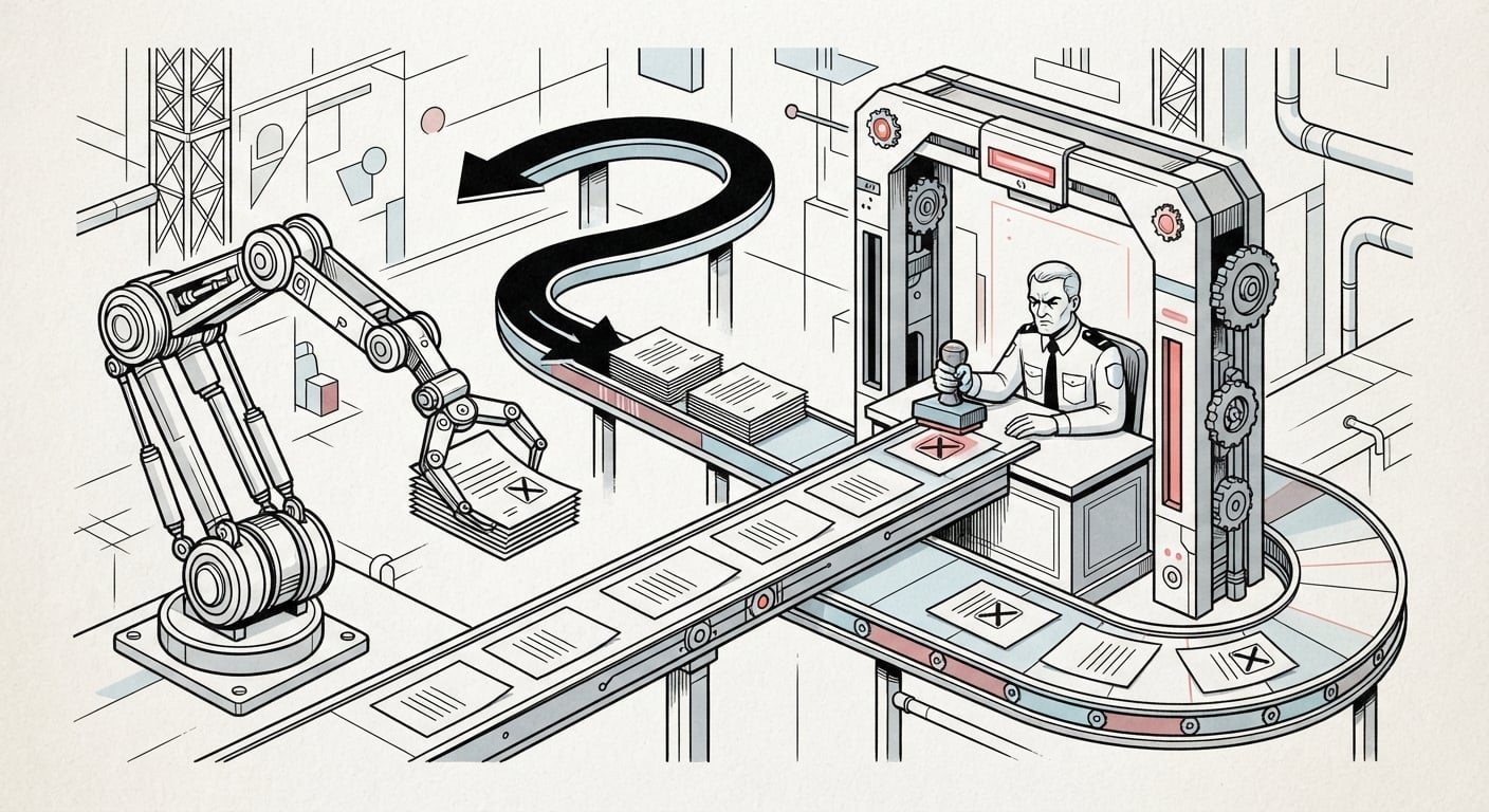 A strict inspector rejecting a robot's work in a loop, showing the Rust compiler acting as the reviewer for AI code