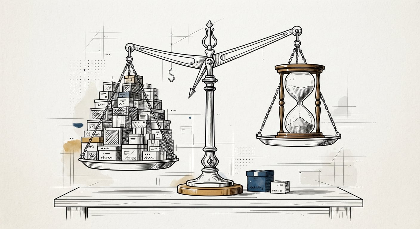 Line art of a balance scale weighing a pile of small subscription boxes against a single hourglass