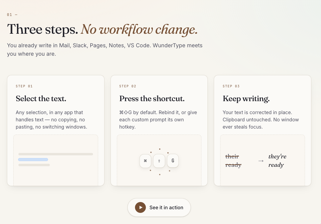 WunderType how it works section with three simple steps