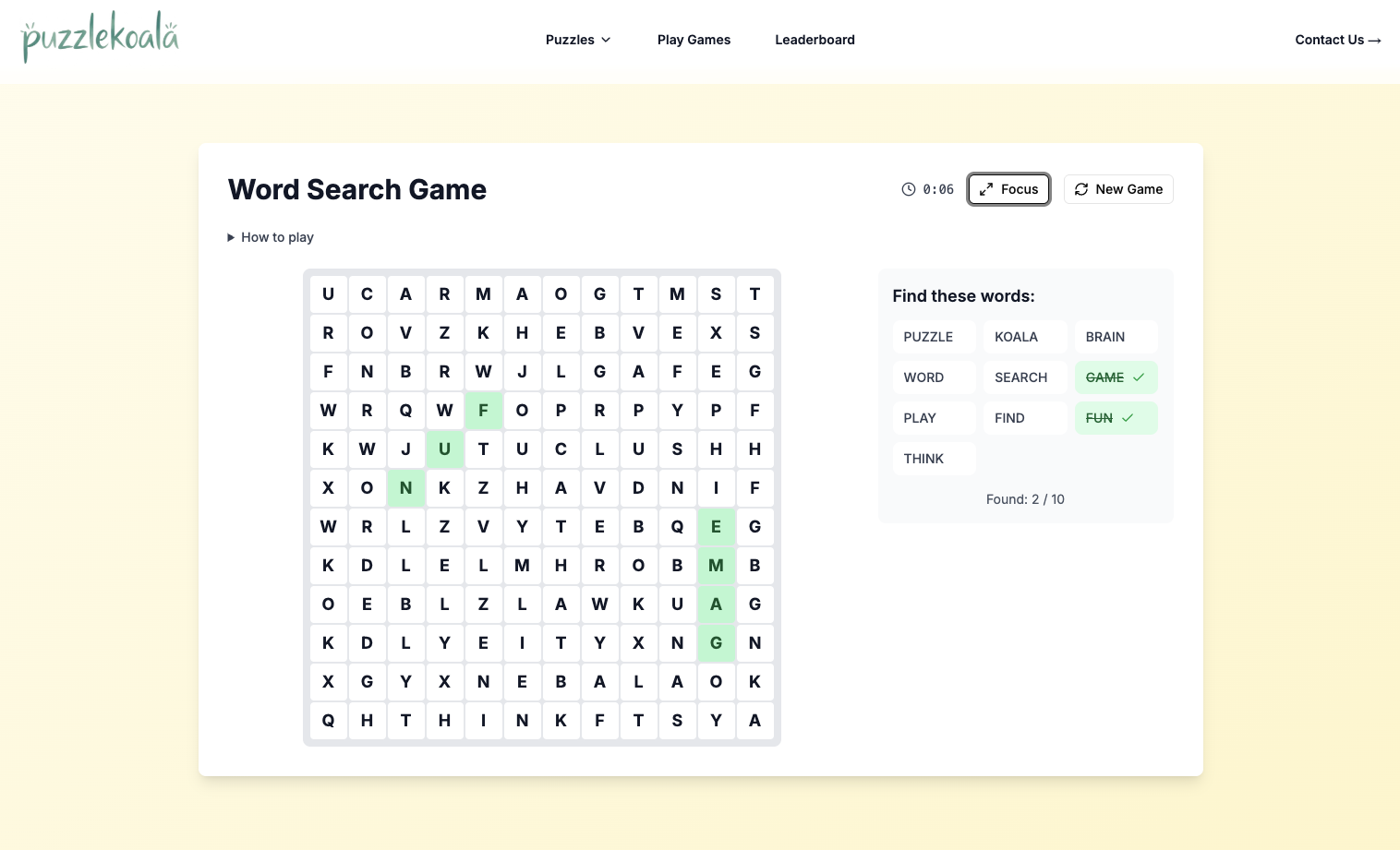 Puzzle Koala word search game in action with a grid of letters and words to find