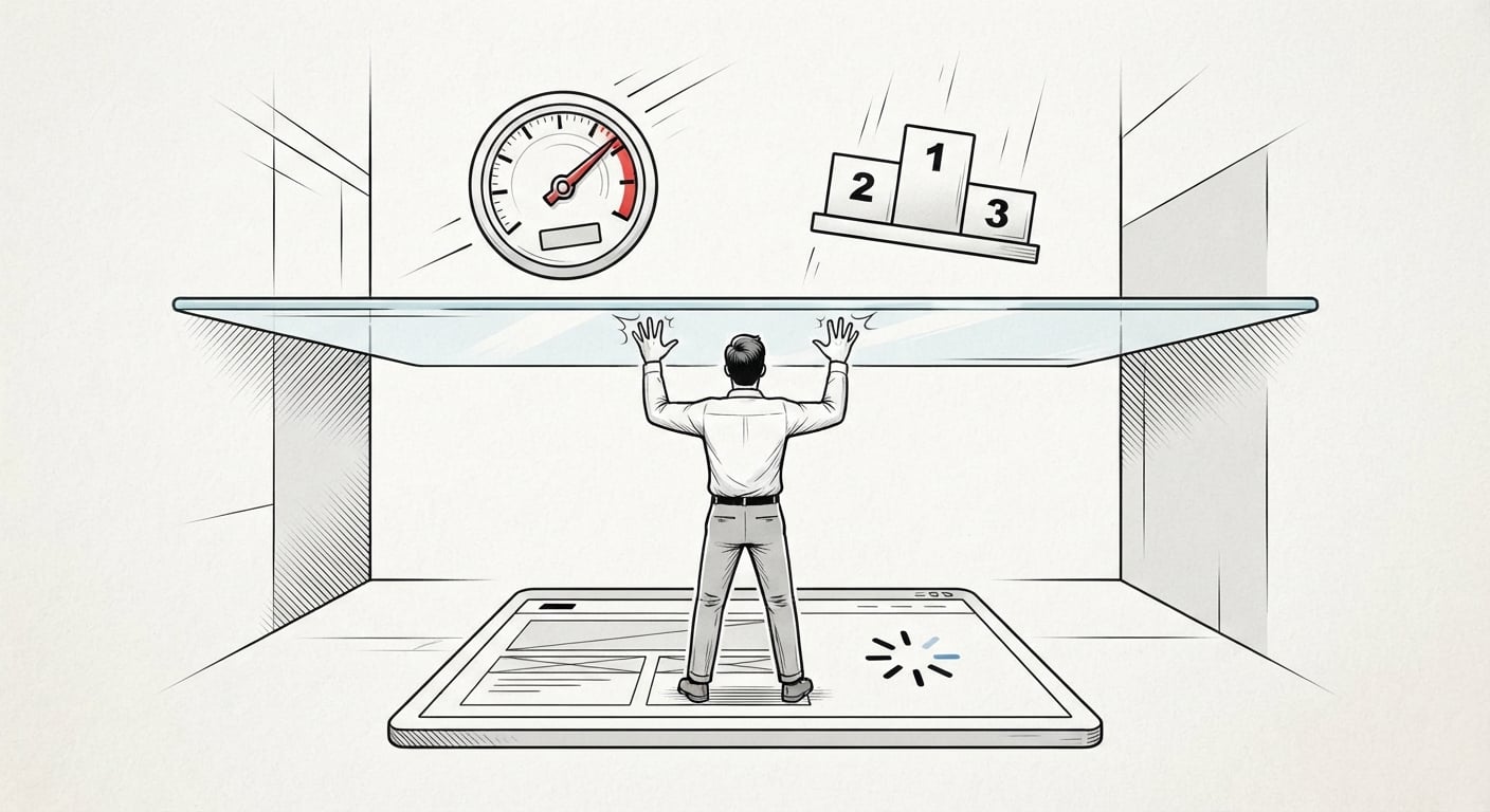 Website builder SEO and speed limits shown as a glass ceiling the owner cannot break through