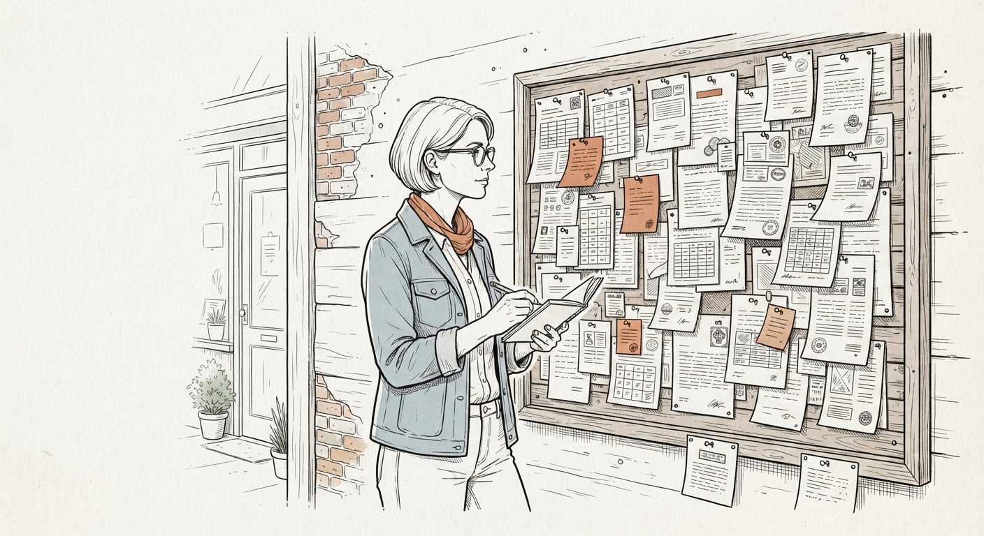 Shop owner reading community rules on a noticeboard before writing one comment