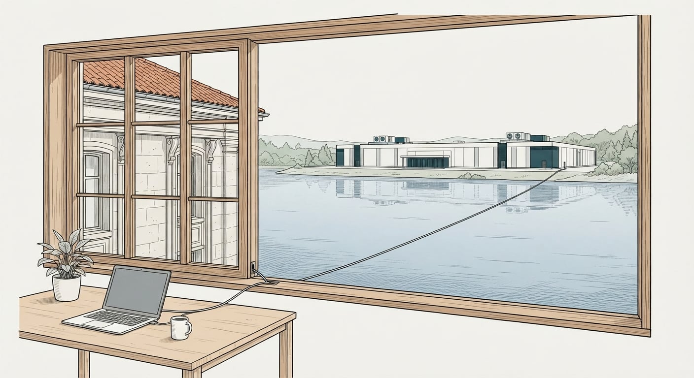 A cable running from a European office desk across water to a distant US data center, the GDPR transfer problem