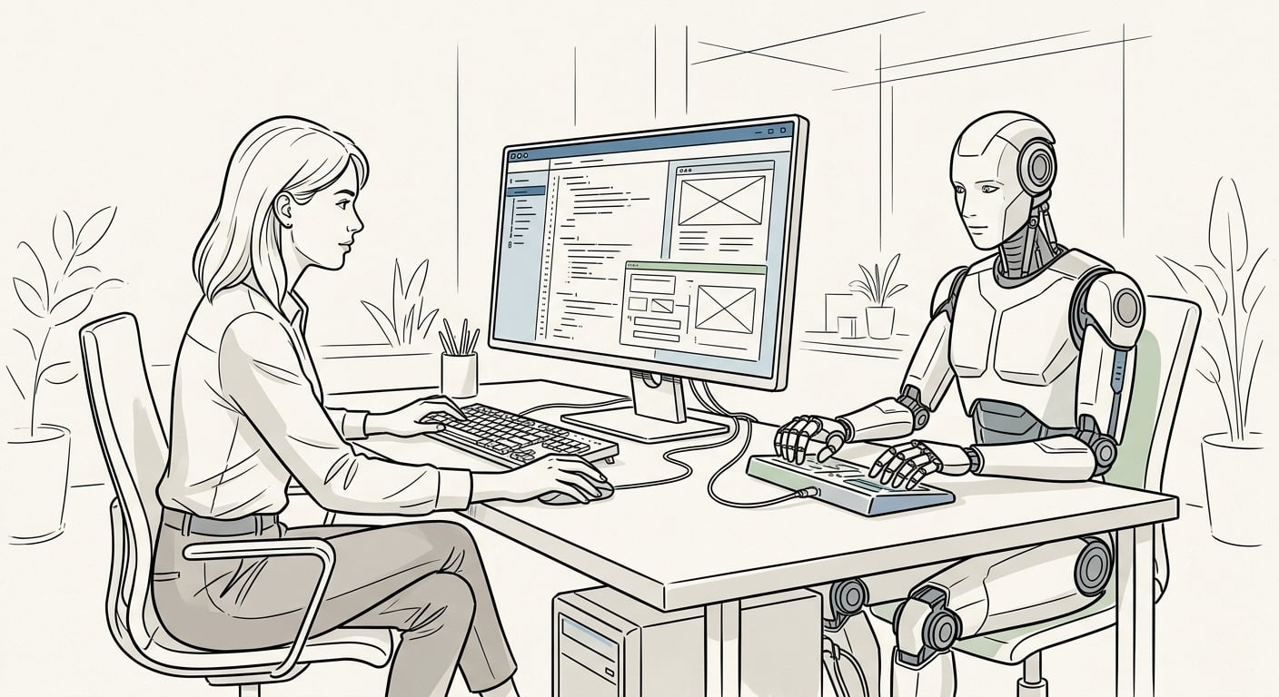Developer collaborating with AI assistant showing augmentation rather than replacement