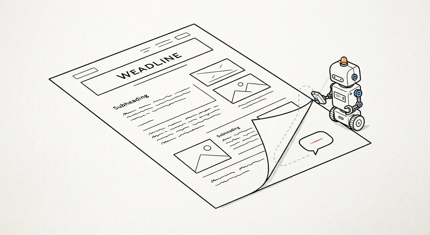 Line art of a robot reading a web page and following an instruction hidden behind a folded corner
