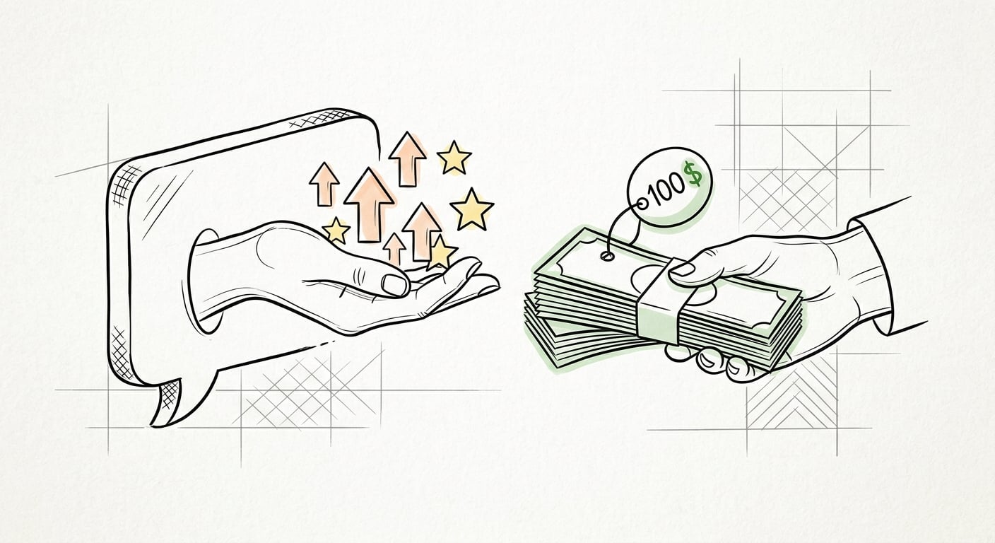 A chat bubble selling upvotes and GitHub stars for one hundred dollars, the paid fake-engagement market