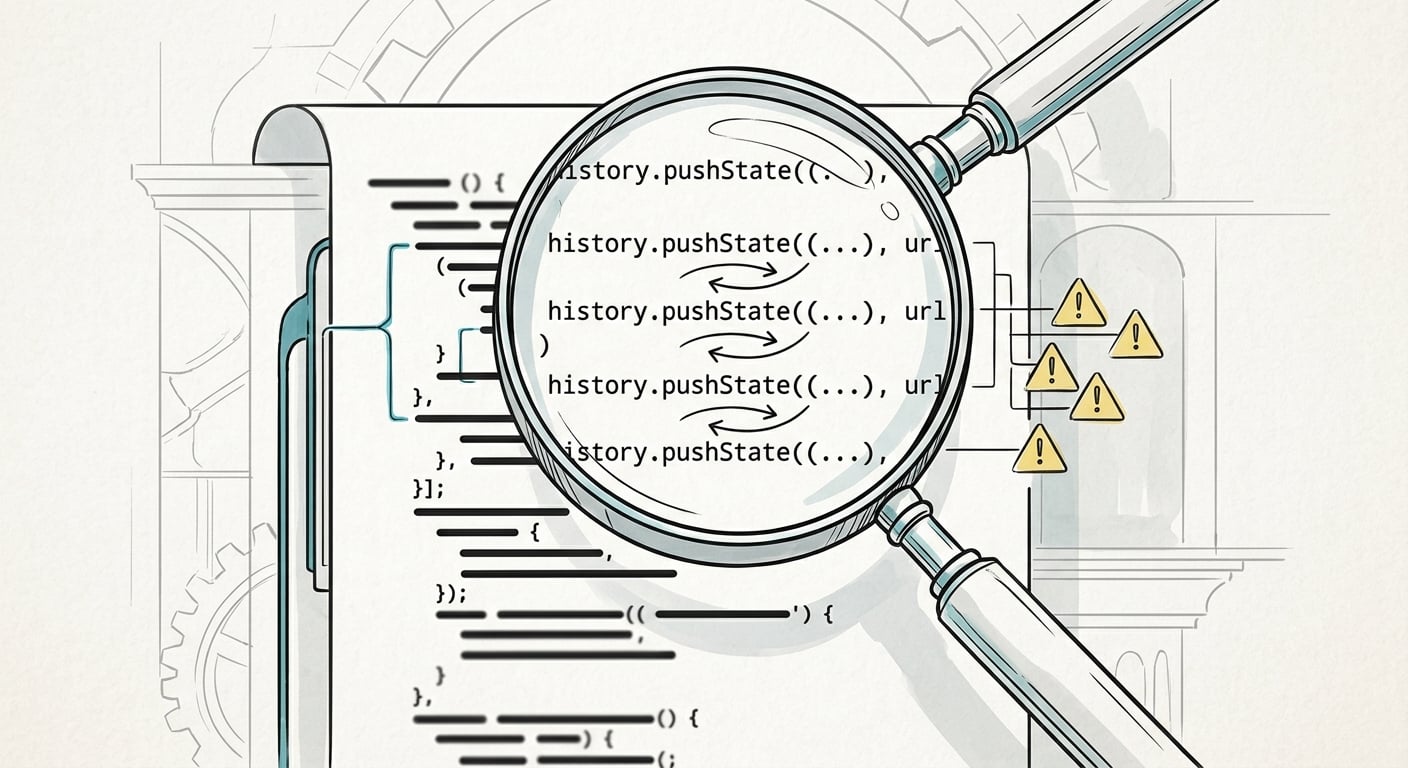 JavaScript code showing history.pushState back button hijacking technique