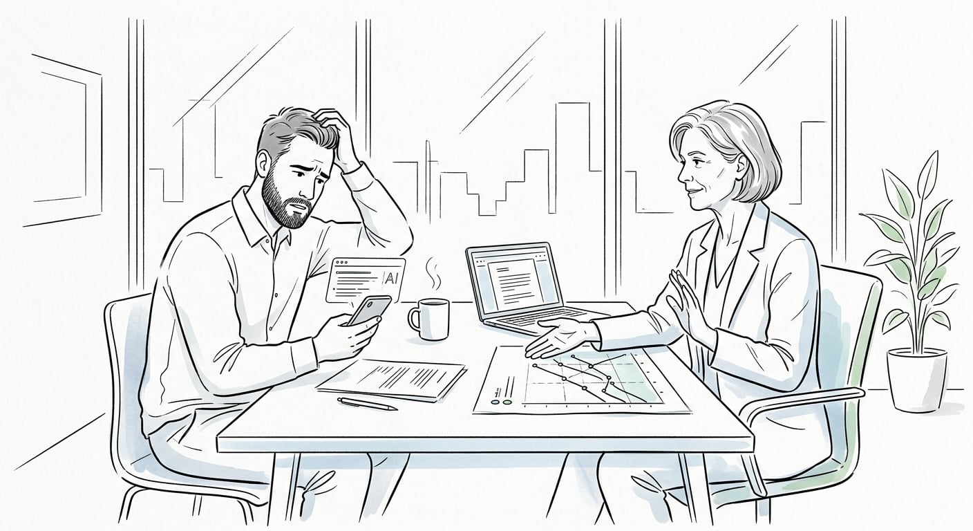 SEO consultant calmly advising a worried client about AI search impact on their website
