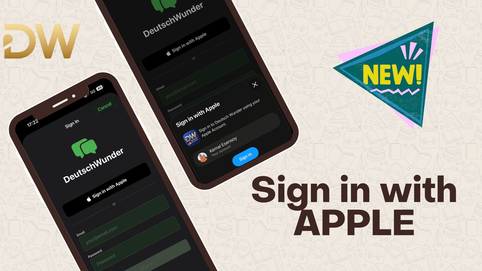 DeutschWunder app showing the Apple Sign In button and the one-tap authentication flow