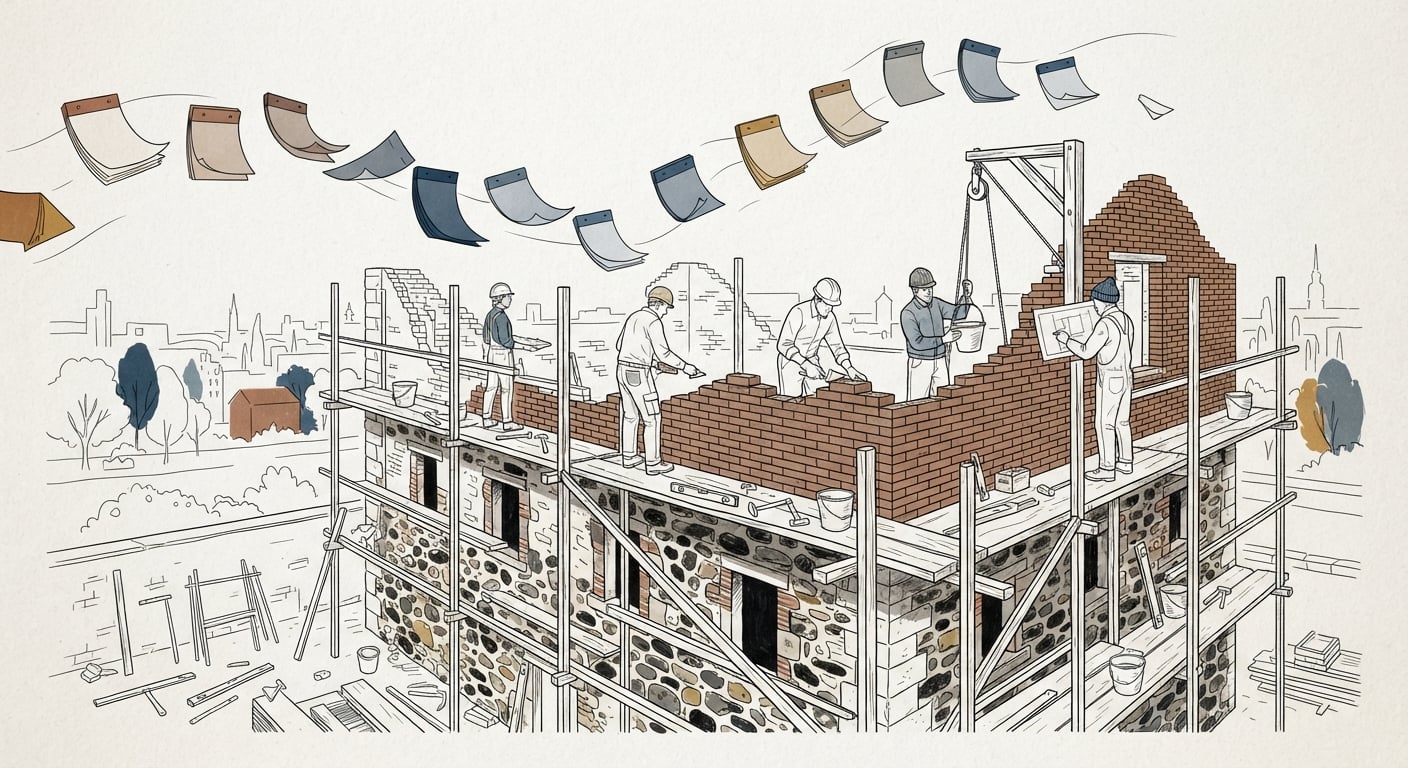 Engineers rebuilding a building brick by brick over years, like the human-written Rust rewrites before AI