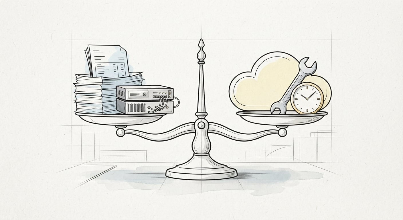 Line art of a scale weighing monthly hosting invoices against free static hosting plus developer time