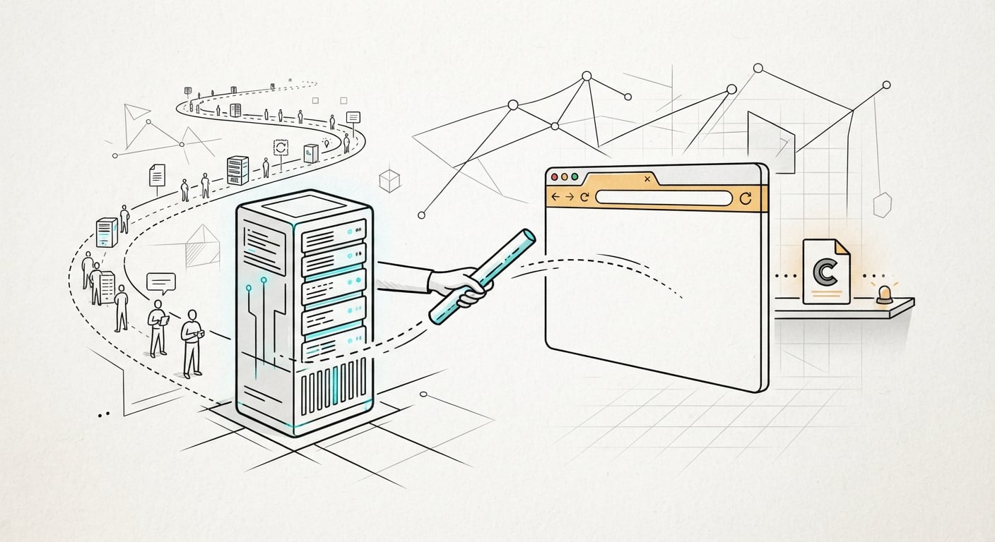 Line art showing the wait between a database server and a browser compared with a cached file