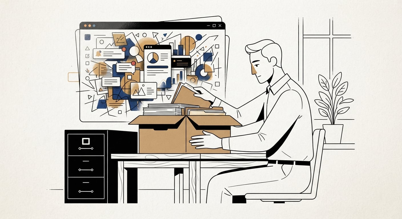 A person calmly exporting their data into a box while ignoring a noisy app window behind them