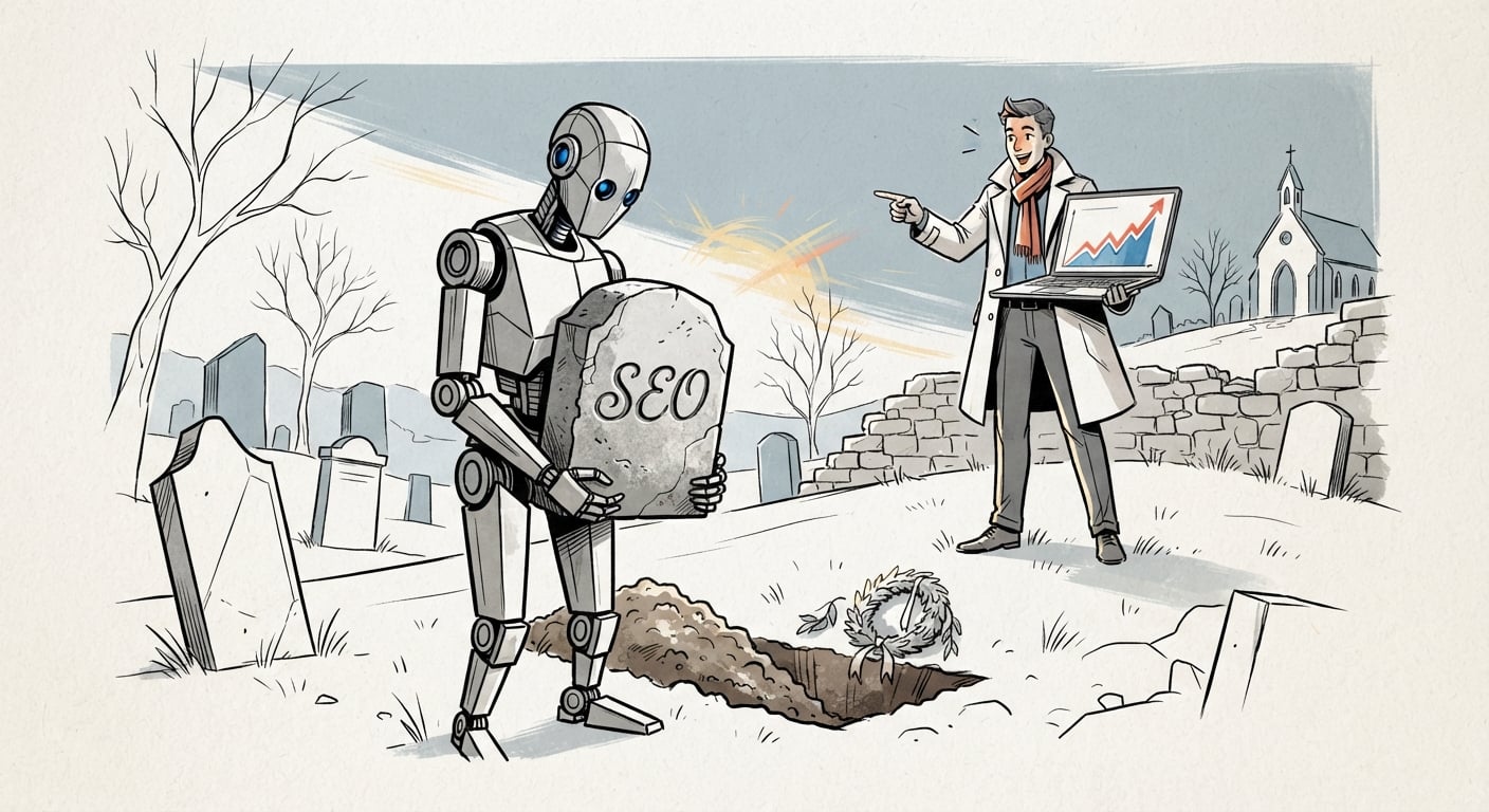 The AI killed SEO myth, a tombstone for SEO next to traffic charts that keep climbing