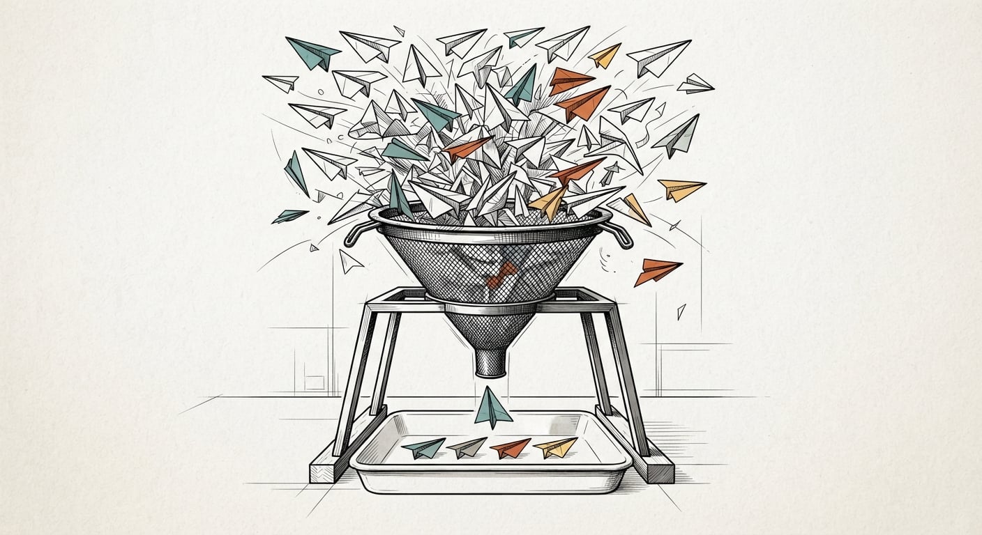 A funnel filtering a swarm of paper airplanes, only a few passing through
