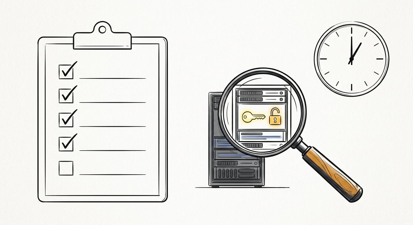 Five-minute security audit checklist with magnifying glass revealing hidden vulnerabilities in a server