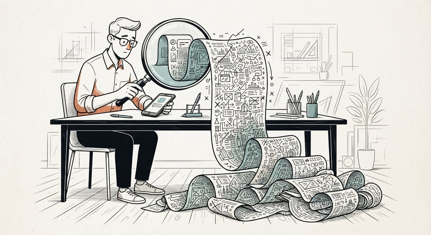 Magnifying glass decoding a short client phrase into a long hidden list of scope creep tasks