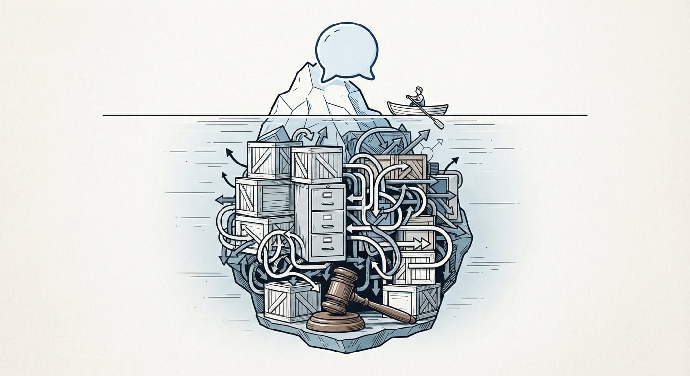 An iceberg whose visible tip is a chat bubble and whose hidden mass is maintenance, escalation and legal liability