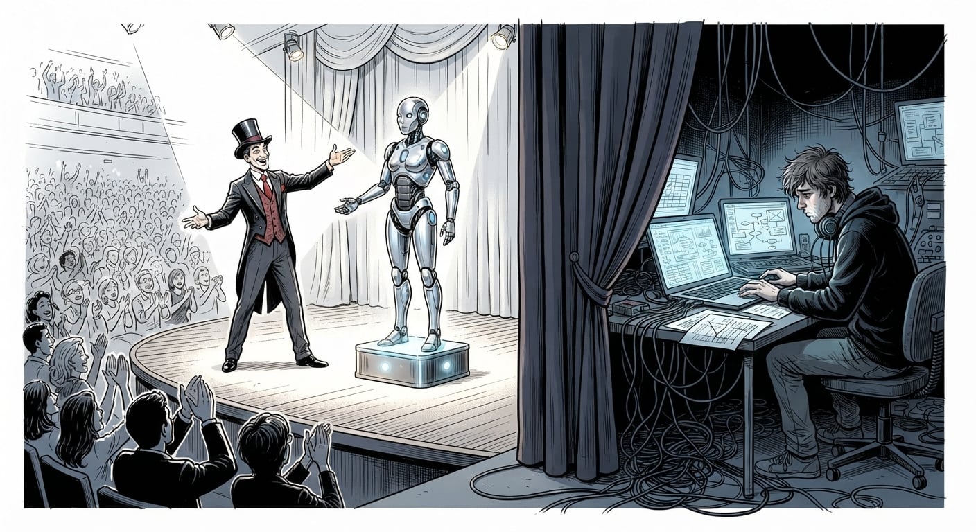 Polished AI agent demo on stage versus the messy manual setup hidden behind the curtain