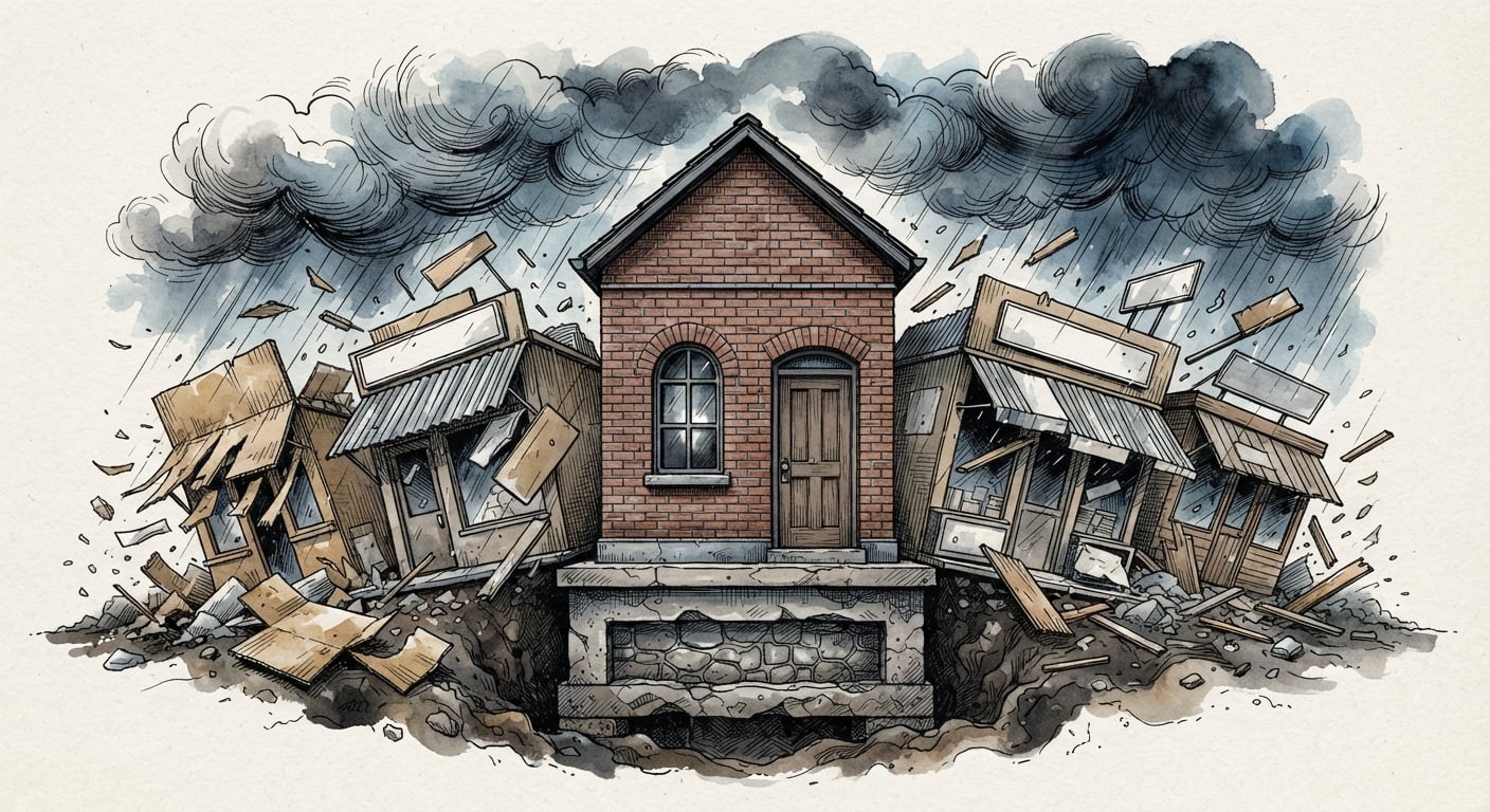 A solid shop on deep foundations standing firm while flimsy competitors collapse around it