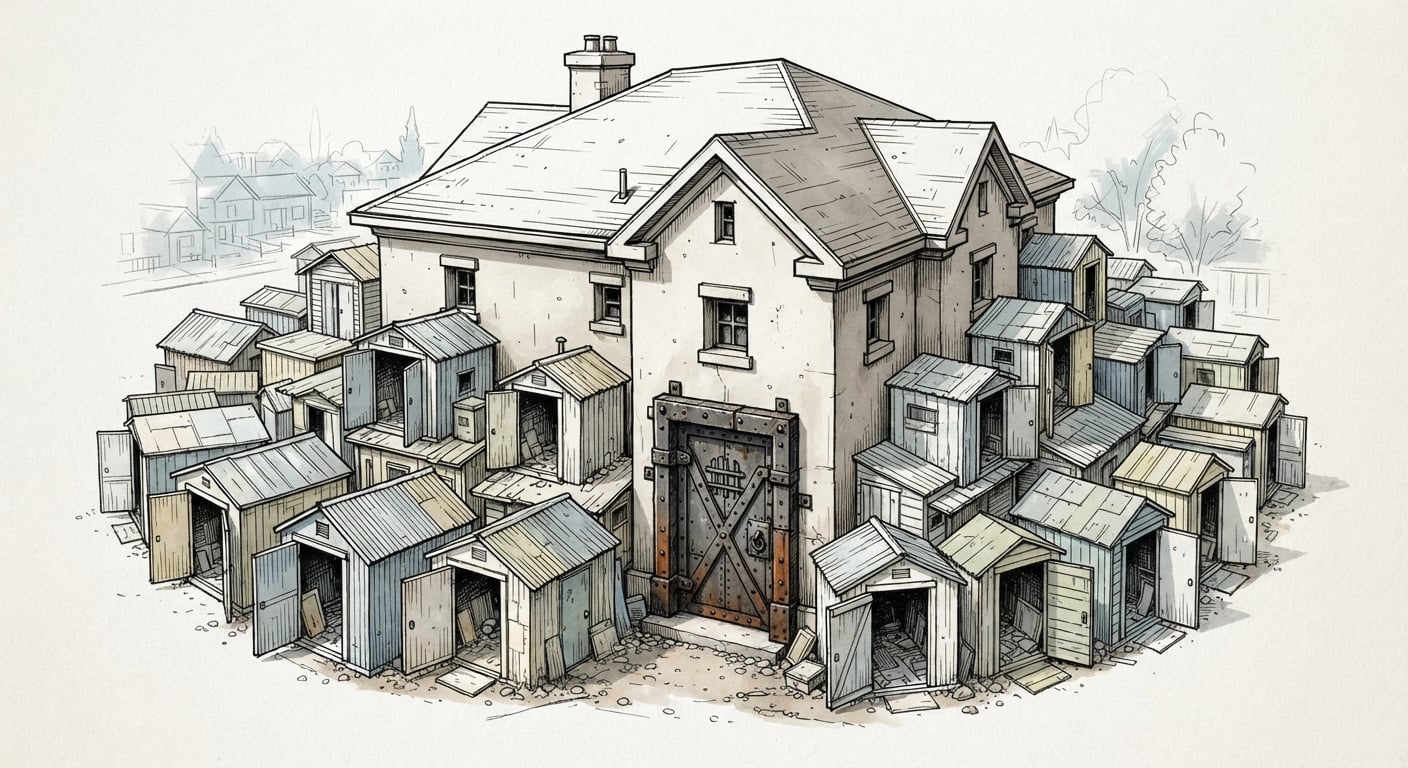 A reinforced house surrounded by flimsy attached sheds with open doors