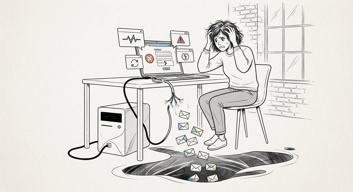 Business owner discovering a broken website contact form with messages falling into a void