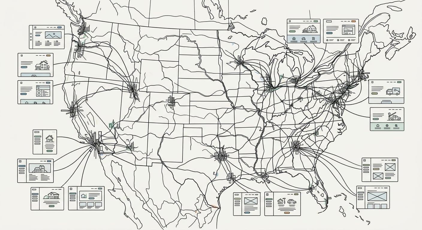 Service area pages strategy showing individual city landing pages for contractor SEO
