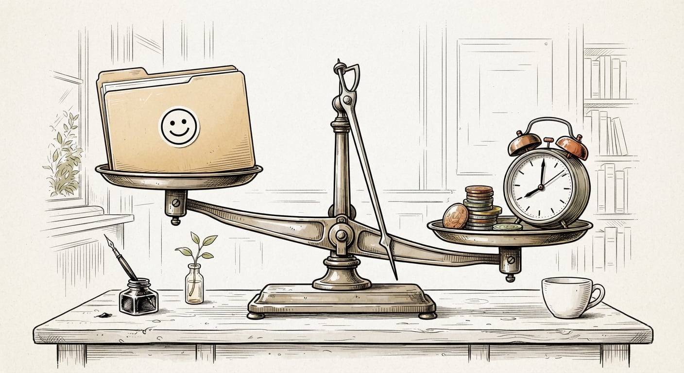 Balance scale weighing a nice client against the real cost in money and time
