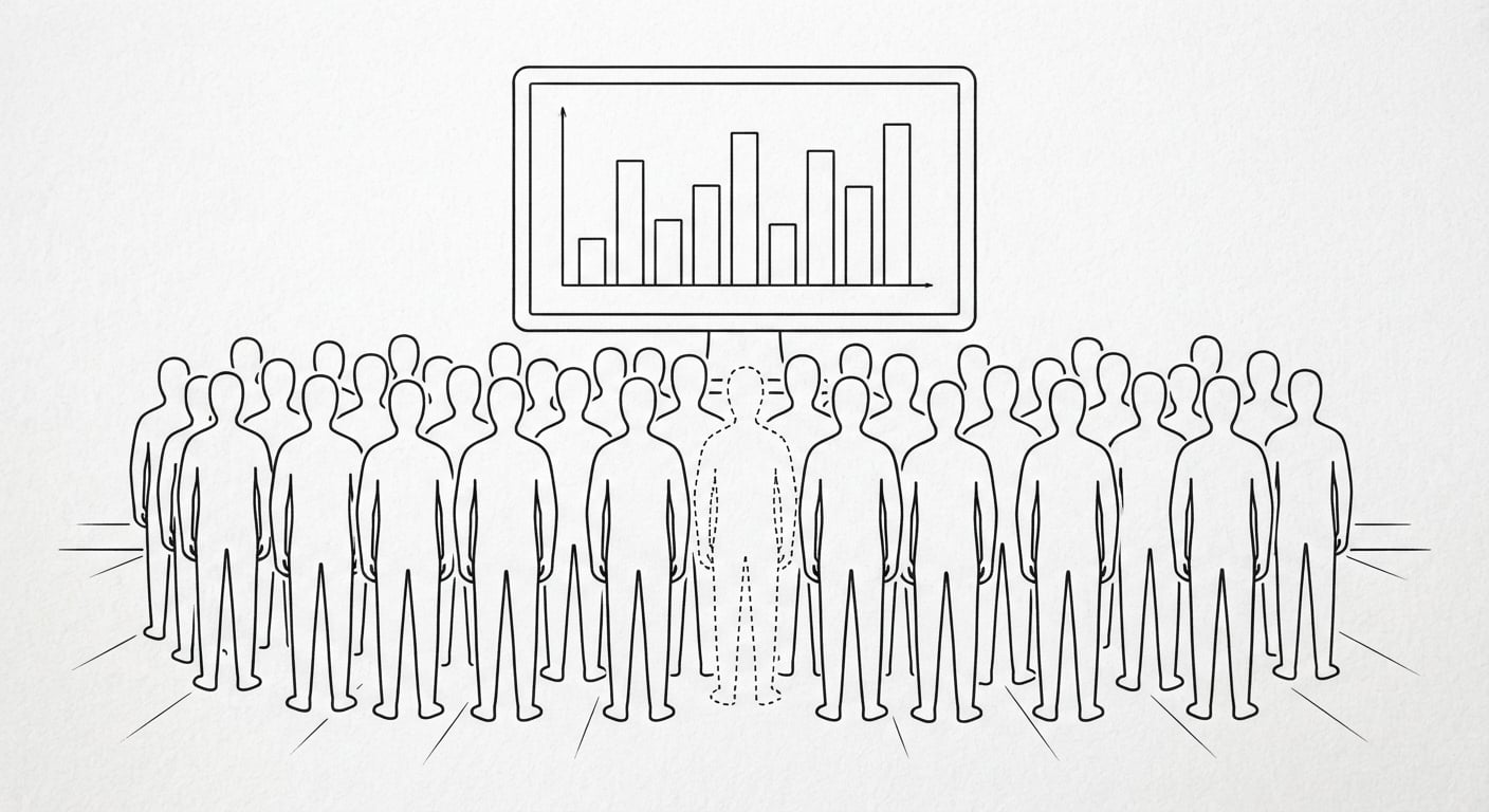 Line drawing of identical silhouettes in front of an analytics dashboard, one drawn with a dotted outline