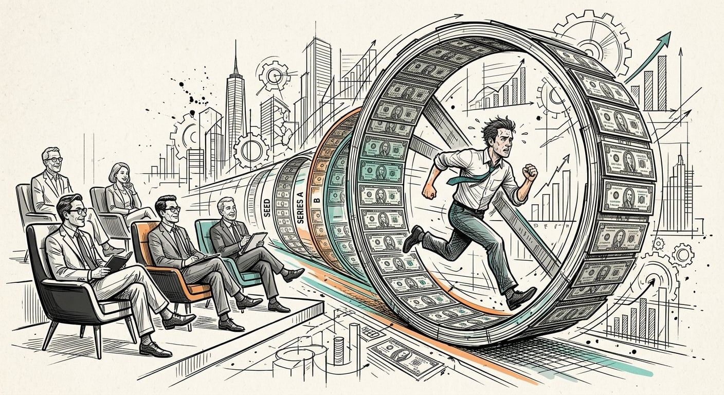 Startup founder running on a hamster wheel of venture capital funding rounds while investors watch