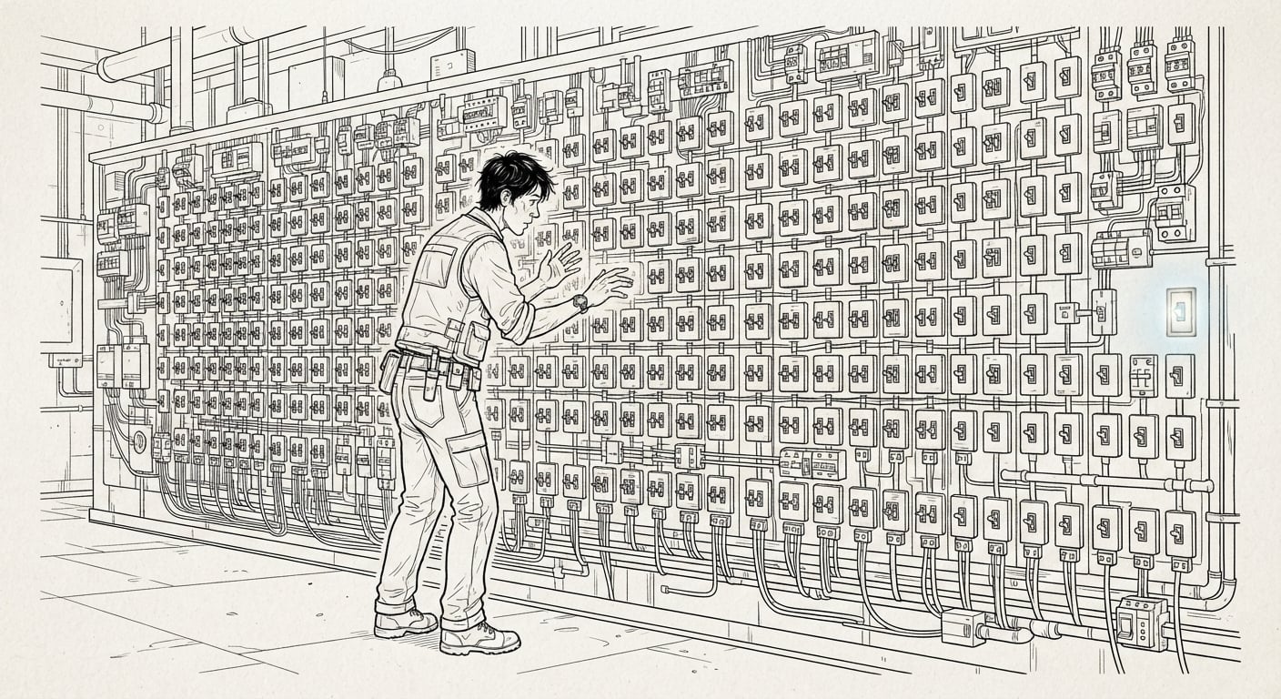 Technician facing a wall of nearly identical switches, illustrating degraded tool selection accuracy with too many tools