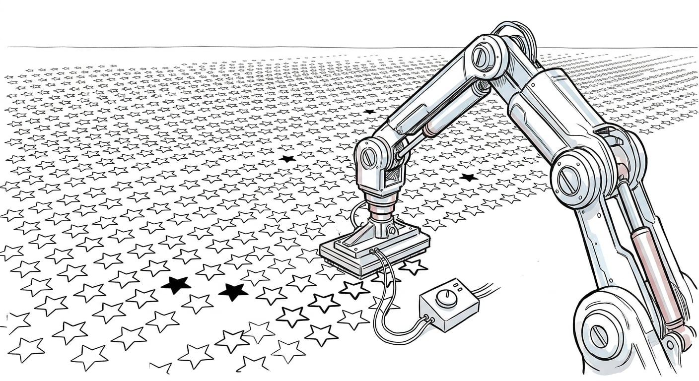 A field of mostly hollow star icons being mass-produced, illustrating millions of fake GitHub stars across the internet