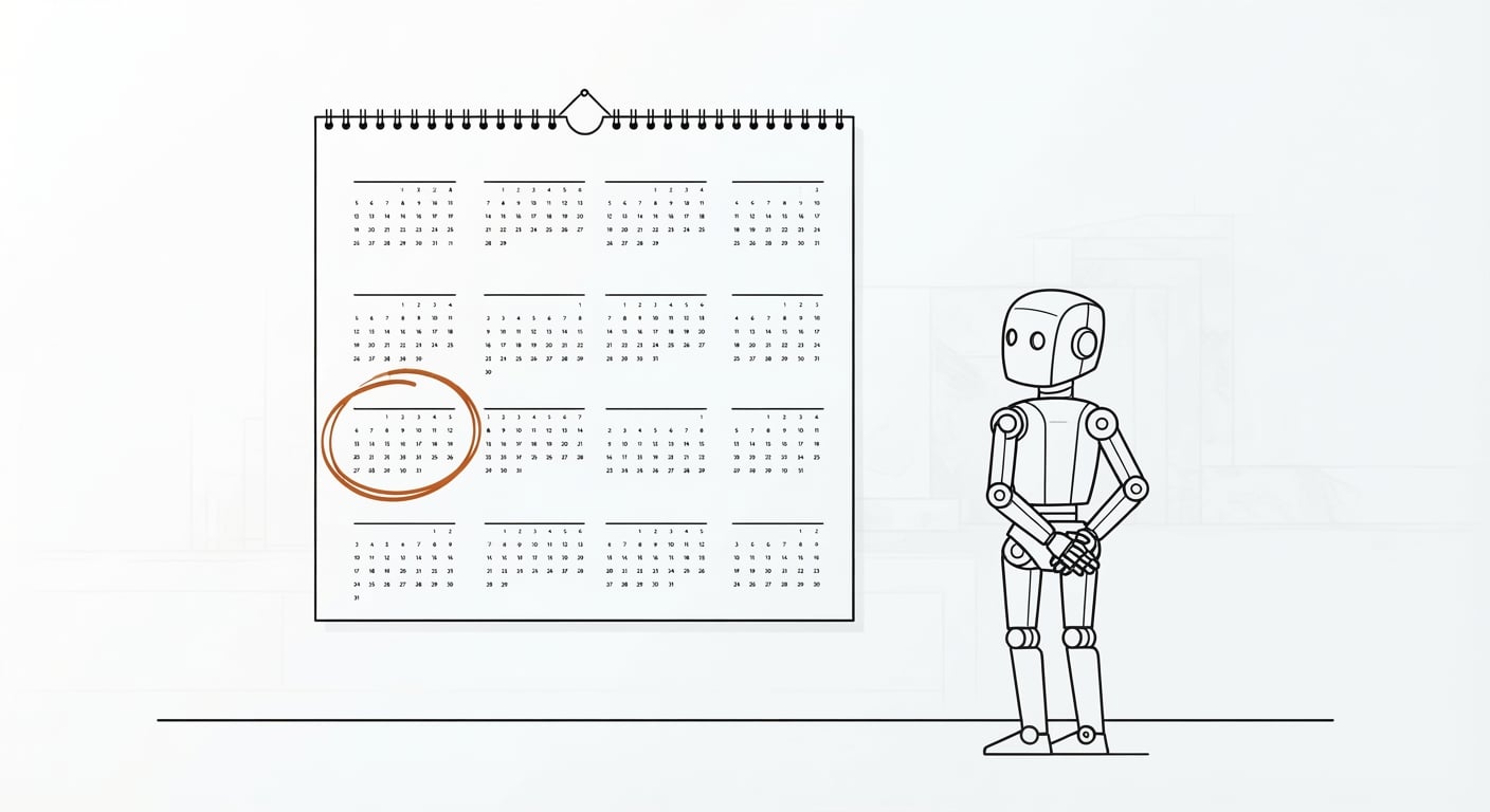 Line art of a robot waiting beside a calendar with a future month circled