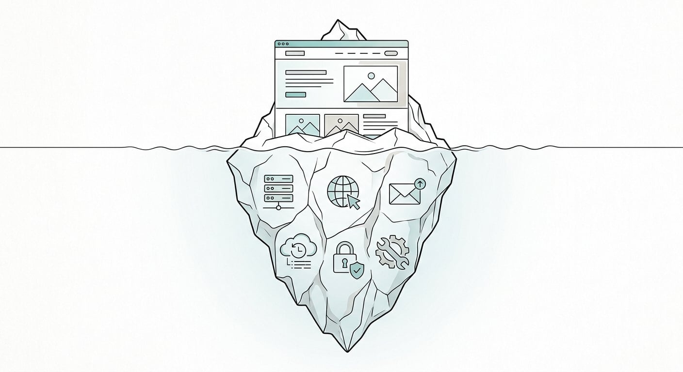An iceberg showing the website above water and all the hidden work below, everything the 10-minute demo skips
