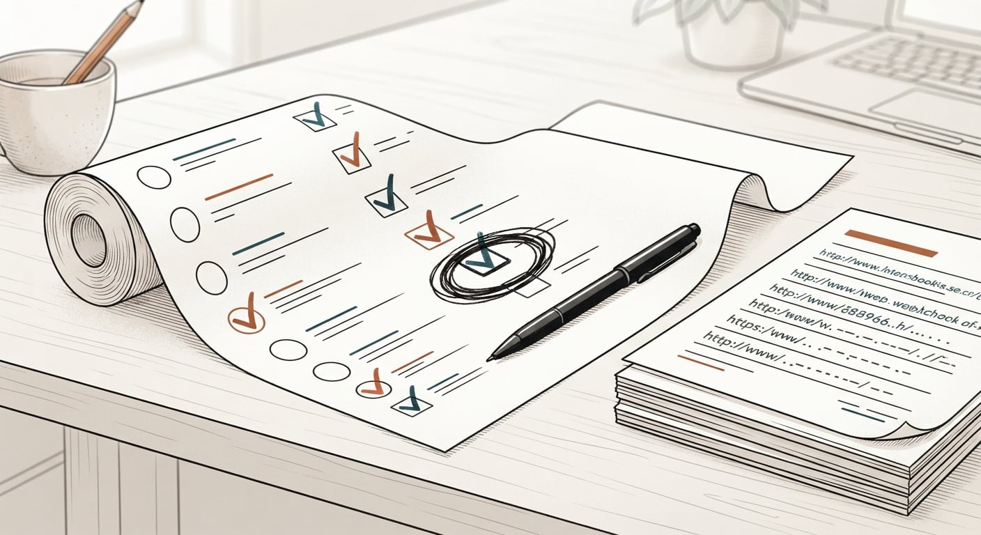 Line drawing of a long printed checklist on a desk with one item circled and a stack of page reports beside it