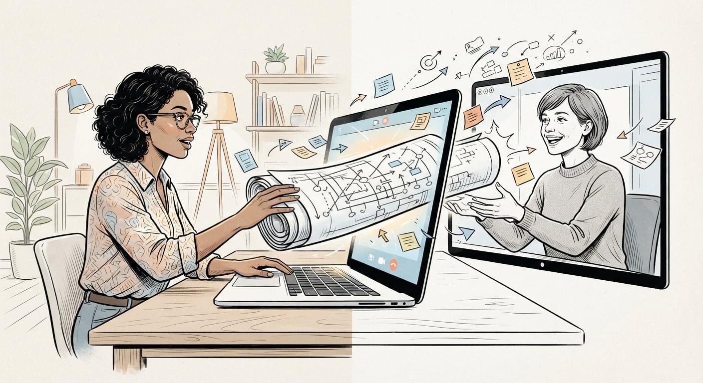 Freelancer handing over a full strategy blueprint during a discovery call, giving away free consulting