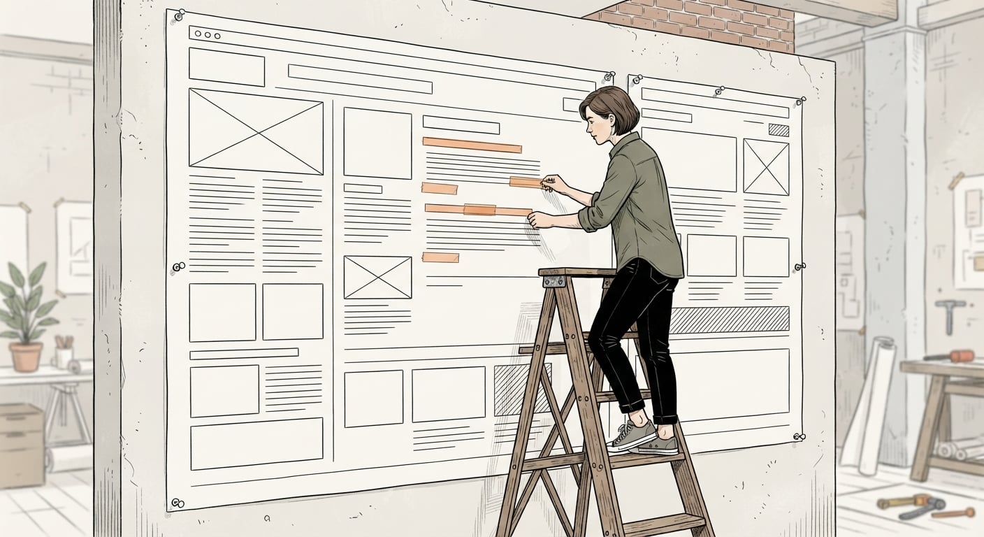A person taping over a few selected paragraphs of a giant printed webpage on a wall while leaving the rest visible