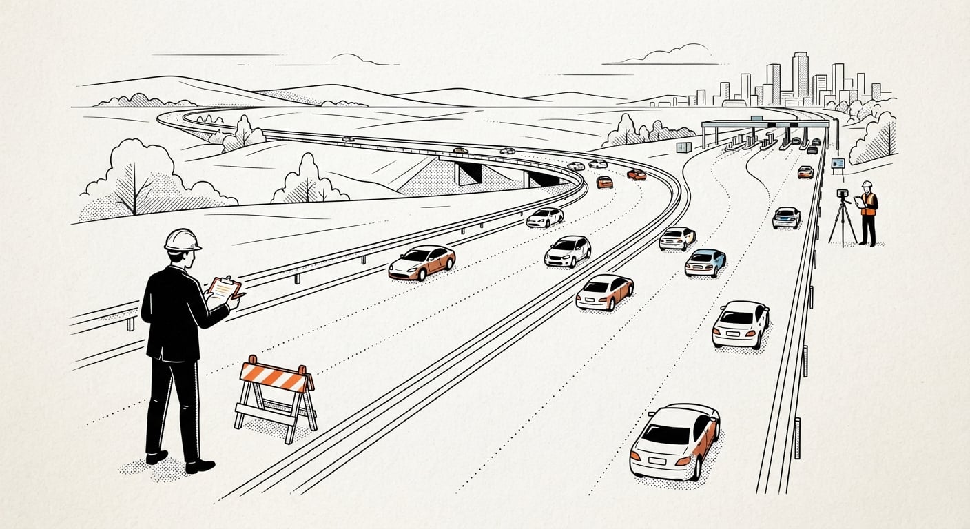Researcher blocking one highway lane and measuring total traffic, illustrating an advertising blackout incrementality experiment