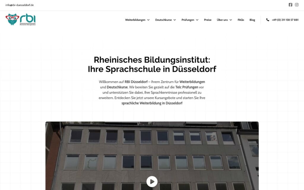 Screenshot of the website of the Rheinisches Bildungsinstitut, which describes its role as a language school in Düsseldorf. The image shows the website header with contact information and an exterior view of a building.