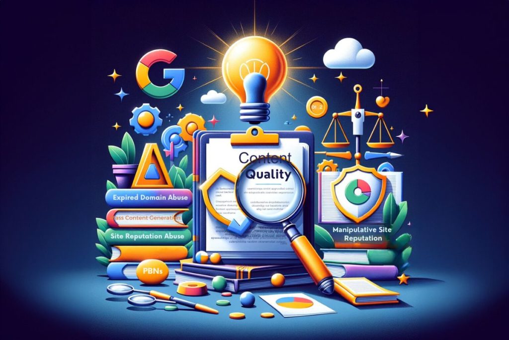 An illustration of a magnifying glass, a Google Core Update and a magnifying glass.