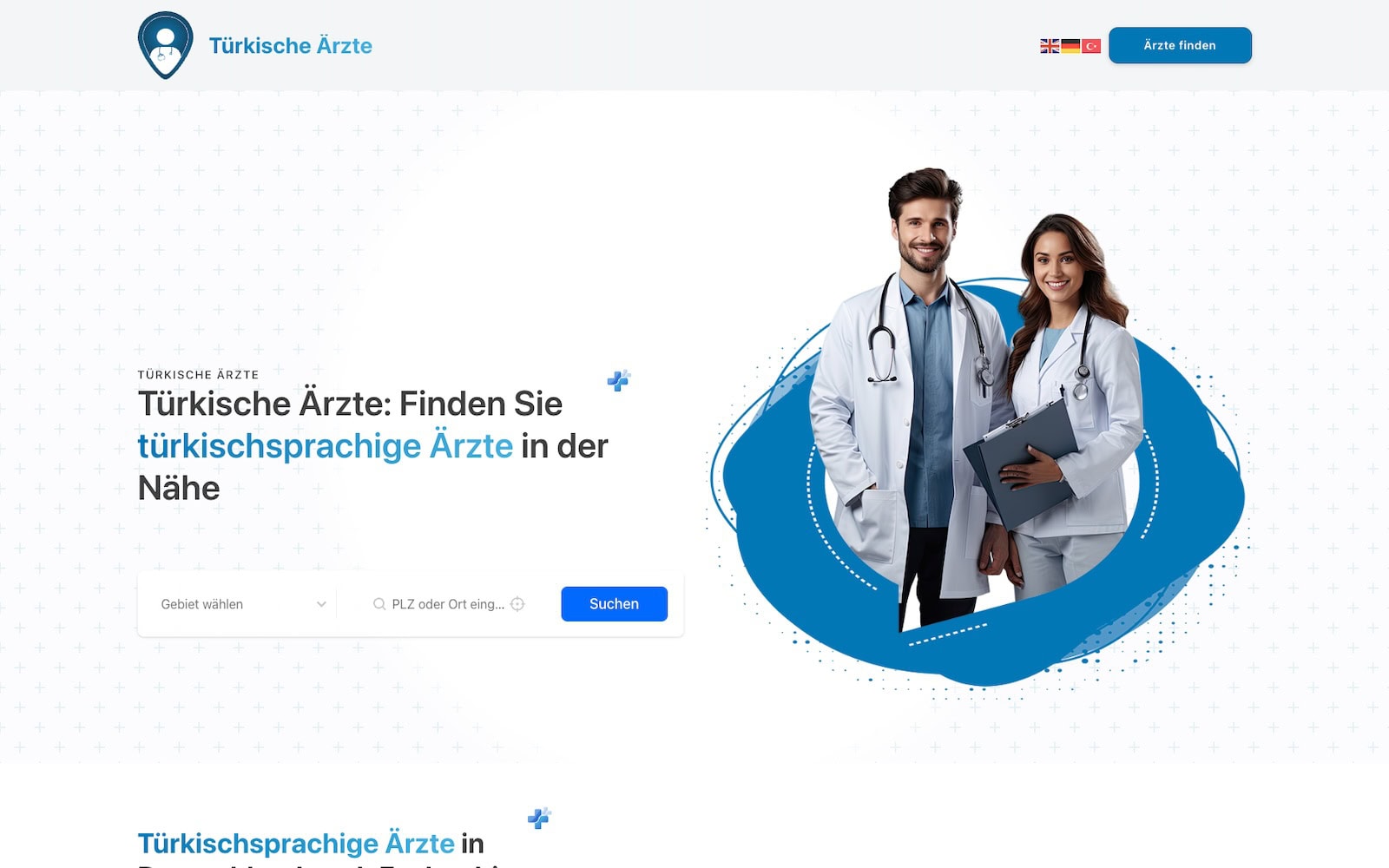 Eine Homepage mit zwei Ärzten und einer Suchfunktion. Sie enthält Text in Deutsch und bietet oben rechts eine Option zum Umschalten der Sprache.