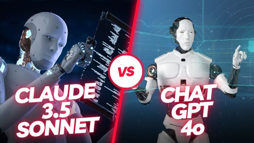Bild, das links Claude 3.5 Sonnet und rechts ChatGPT 4.0 mit einem „VS“-Zeichen dazwischen zeigt. Beide sind futuristische Roboter mit unterschiedlichen Hintergründen, was einen Vergleich oder ein Duell nahelegt.