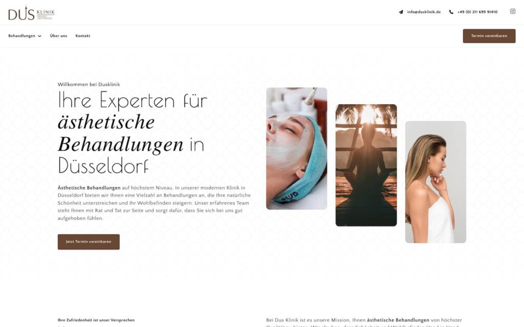 Webseite einer Düsseldorfer Klinik, die ästhetische Behandlungen anbietet. Die Seite enthält Text auf Deutsch, eine Schaltfläche und Bilder einer Person, die eine Gesichtsbehandlung erhält, einer Frau mit strahlender Haut und einer Strandansicht.