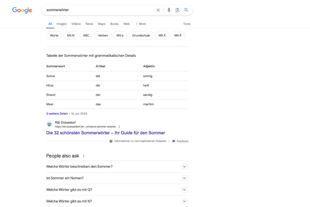 Eine Google-Suchergebnisseite für „Sommerwörter“ mit grammatikalischen Details zu Sommerwörtern im Deutschen, einem Link zu einem Artikel der RP Düsseldorf sowie einer „Nutzer fragen auch“-Sektion mit verwandten Fragen.