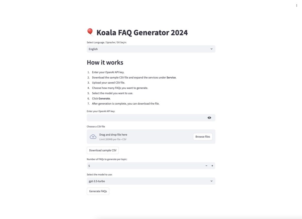 Eine Webseite mit dem Titel „Koala FAQ Generator 2024“ mit Abschnitten zum Auswählen der Sprache, Hinzufügen eines OpenAI-Schlüssels, Auswählen einer CSV-Datei, Festlegen der Anzahl der FAQs, Auswählen des Moduls und einer Schaltfläche zum Generieren von FAQs.